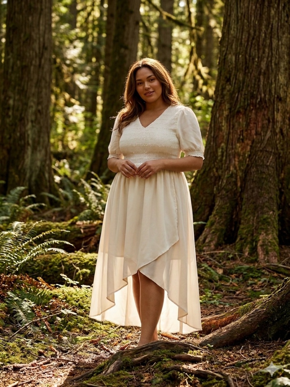 Smocked V-Neck High-Low Dress in Cream